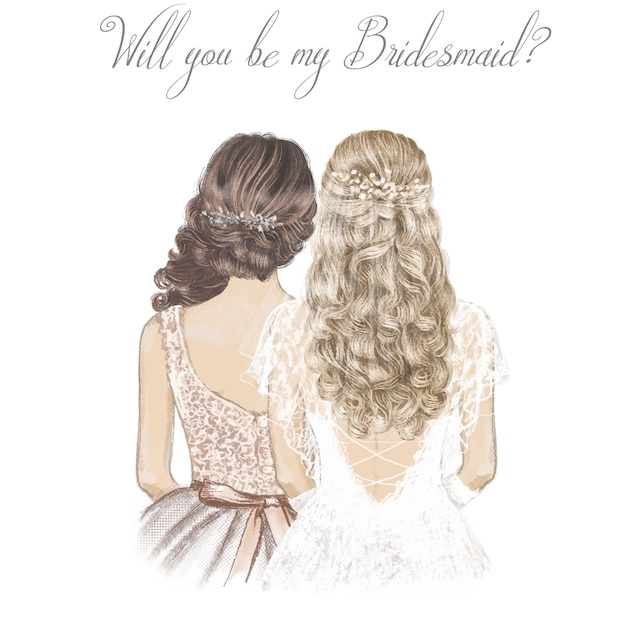 Vector bride and bridesmaid with curly hair. hand drawn illustration.