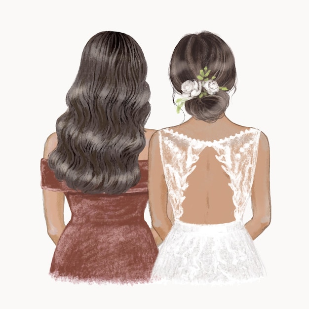 Bride and bridesmaid with tan skin hand drawn illustration