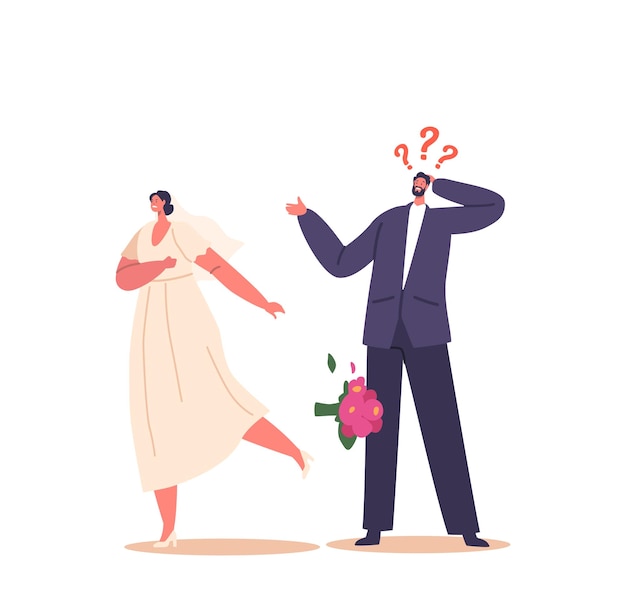 Vector bride character sudden departure during wedding ceremony creates shock and confusion leaving groom in disbelief emotions run high as the unexpected event unfolds cartoon people vector illustration