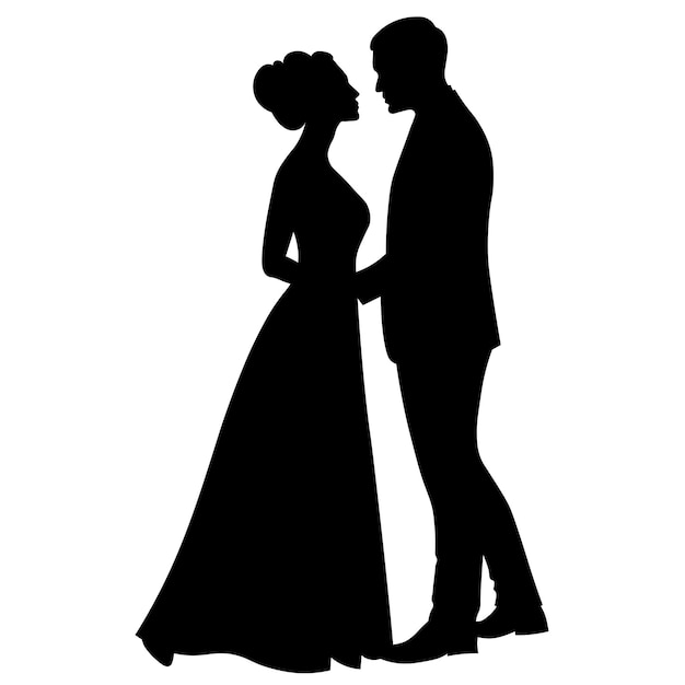 Vector the bride and groom are standing side by side black and white silhouettes