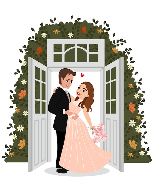 Vector the bride and groom on the background of open doors with flowers, happy newlyweds. family concept.