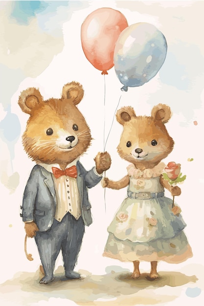 a bride and a groom bears holding balloons