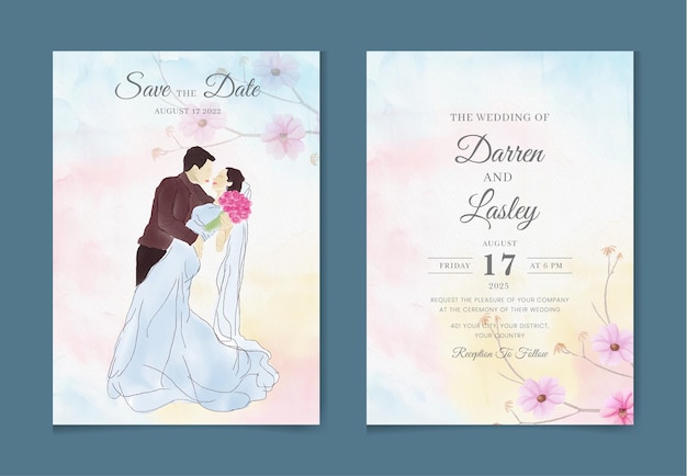 Bride and groom beautiful hand drawn elegant watercolor wedding invitation card set template