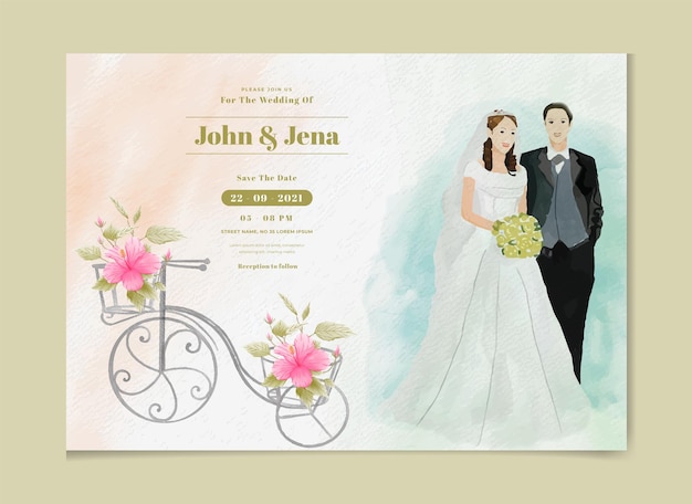 Bride and groom beautiful hand drawn watercolor wedding invitation card template with love couple