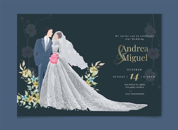 Bride and groom beautiful hand drawn watercolor wedding invitation card template