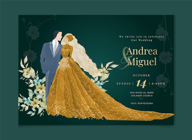 Modello di carta dell'invito di nozze dell'acquerello disegnato a mano bello della sposa e dello sposo