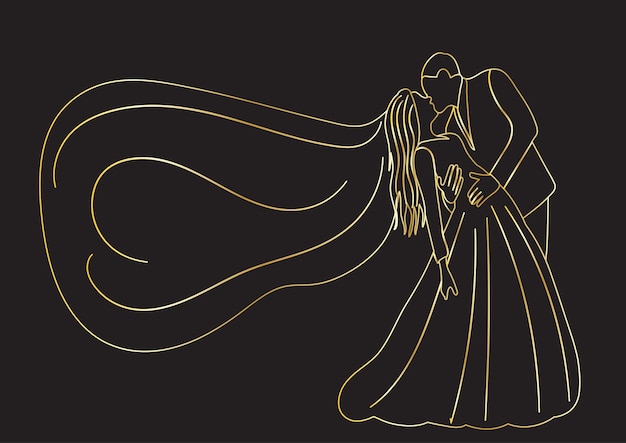 Bride and groom continuous line drawing vector