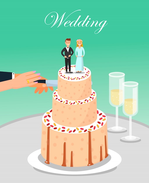 Vector bride and groom cutting wedding cake together.