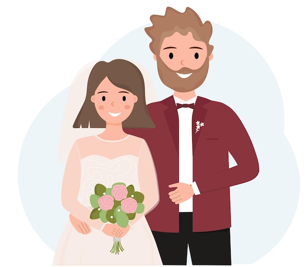 Bride and groom holding hands just married wedding day happy loving couple vector illistration