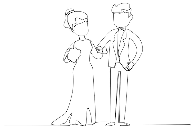 Vector bride and groom holding hands at their wedding wedding oneline drawing