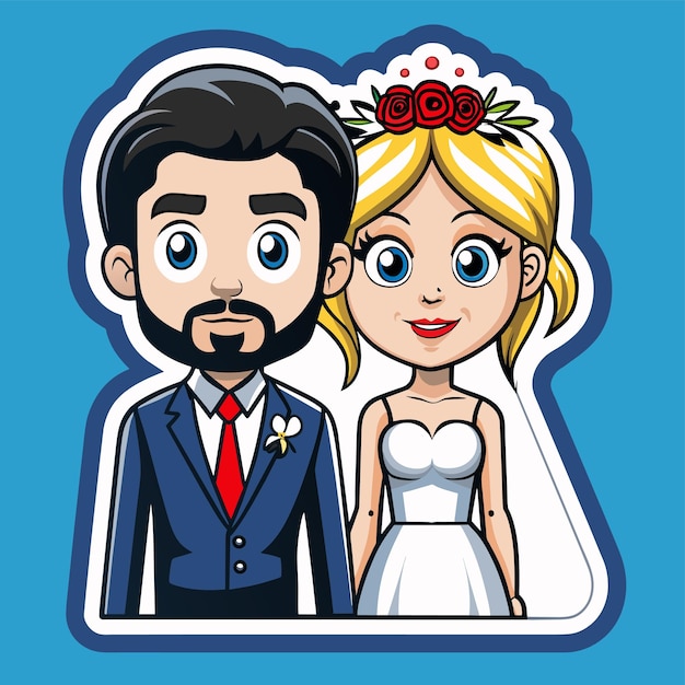 Vettore sticker di cartone animato piatto disegnato a mano per la sposa e lo sposo concept di icona isolata