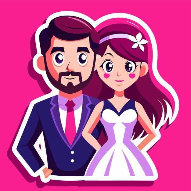 Vettore sticker di cartone animato piatto disegnato a mano per la sposa e lo sposo concept di icona isolata