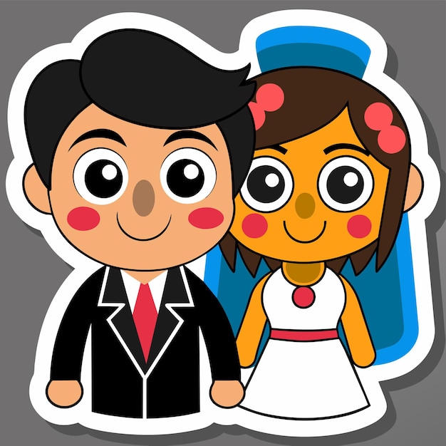 Vector bride and groom love wedding couple hand drawn flat stylish cartoon sticker icon concept isolated