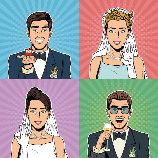 Bride and groom pop art cartoon 