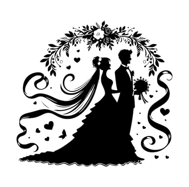 bride and groom silhouette illustration happy couple celebrating marriage vector