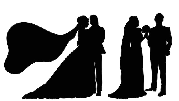 Bride and groom silhouette on white background