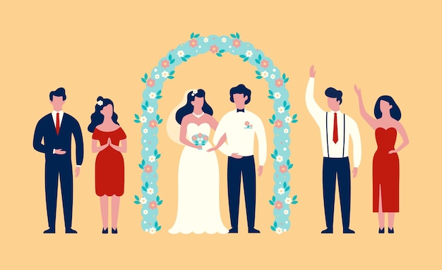 Bride and groom standing under the wedding arch