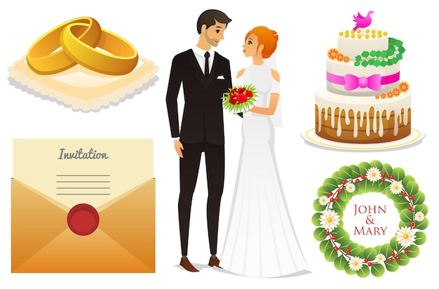 Bride and groom wedding ceremony set newlyweds icons vector illustration married couple summer