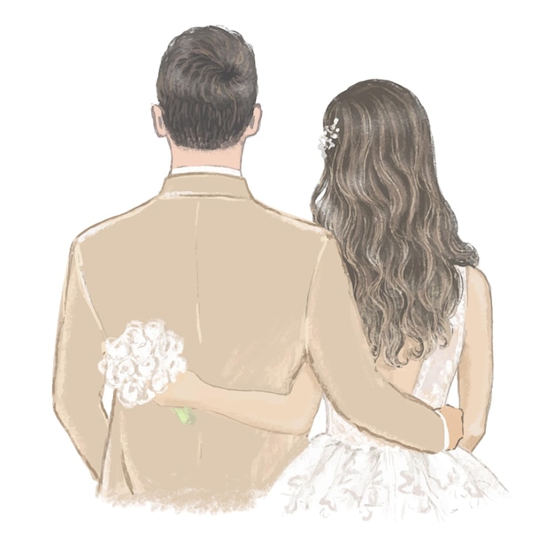 Vector bride and groom on wedding day hand drawn illustration