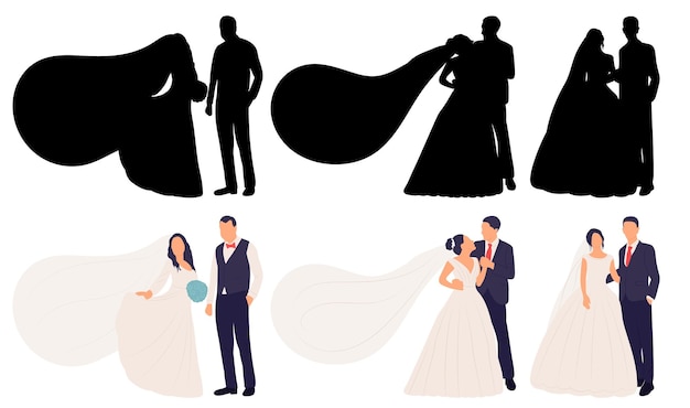 невеста и жених в свадебном платье в плоском стиле на белом векторе фона