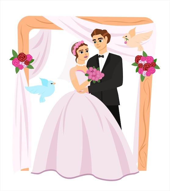 bride and groom. wedding illustration, wedding arch, flowers and birds