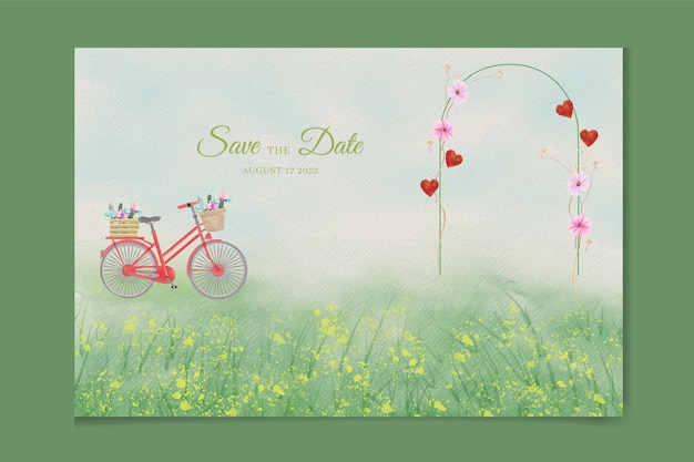 Bride and groom wedding invitation of nature landscape with wedding gate view watercolor bicycle