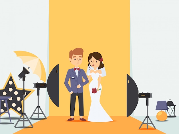 Bride and groom at wedding photoshoot in photo studio,   illustration. newlywed couple cartoon character, professional photography equipment. husband and wife