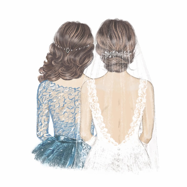 Vector bride in veil and maid of honour. hand drawn illustration.