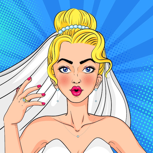 Vector bride wearing diamond ring pop art