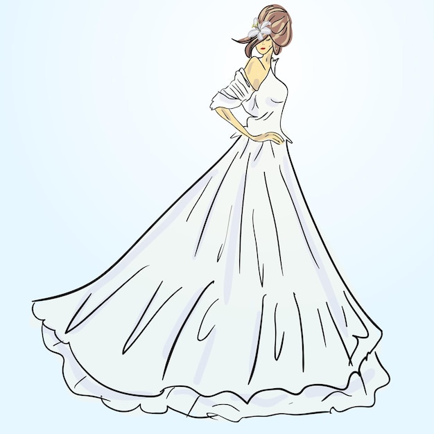 Vector bride in wedding dress white with bouquet