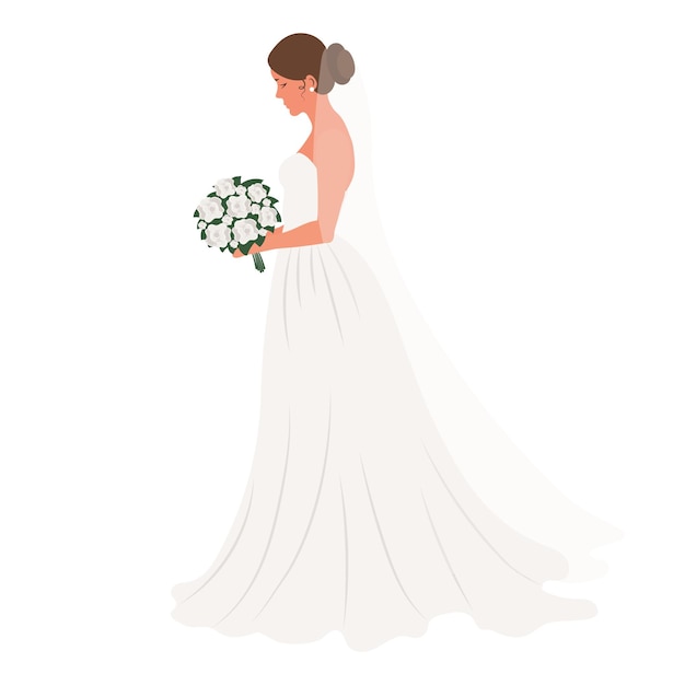 Sposa in abito da sposa con un bouquet di fiori su sfondo bianco illustrazione di nozze di lusso