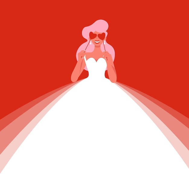 Vector bride in wedding dress with hearts eyes, retro style