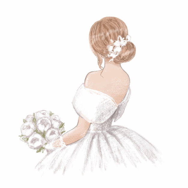 ベクトル 花束を持つ花嫁。クラシックなビンテージスタイルの手描きイラスト