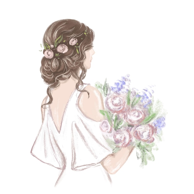 Sposa con illustrazione disegnata a mano bella acconciatura in classico stile vintage