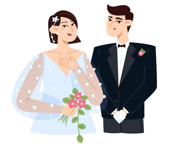 Bride with a bouquet of flowers and groom at the wedding flat style illustration