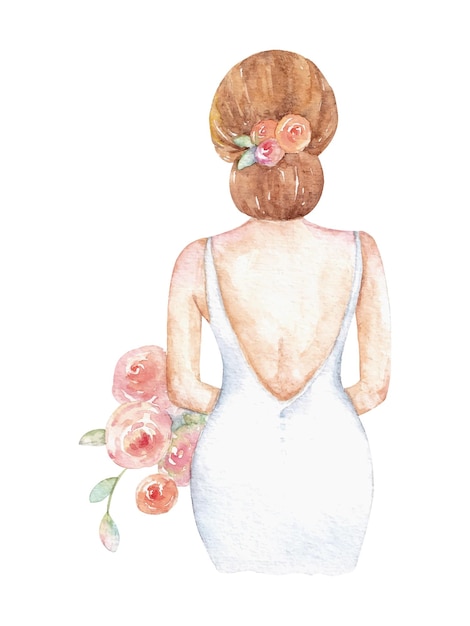 Bride with bouquet of flowers watercolor illustration