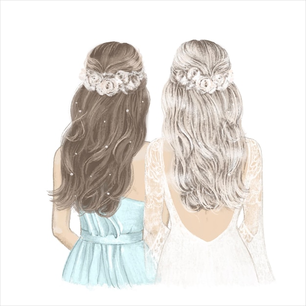 Vector bride with bridesmaid boho styled wedding hand drawn illustration