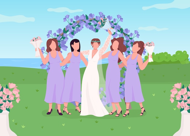 Bride with bridesmaids flat color illustration