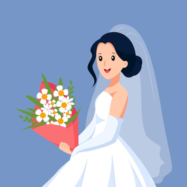 Vettore sposa con l'illustrazione di disegno di carattere del mazzo di fiori