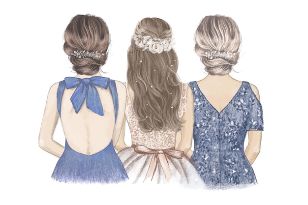 Bride with her sister and mom side by side. hand drawn illustration.