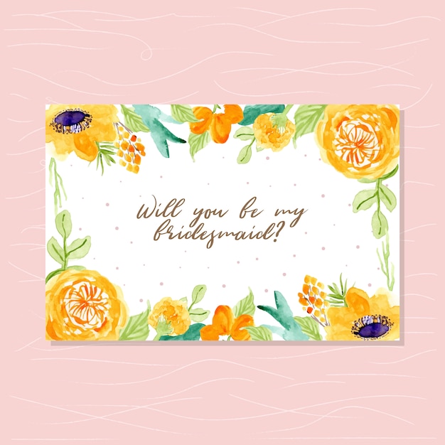 水彩の花のフレームと花嫁介添人のカード