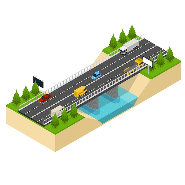 Vector bridge highway over river representing cars, trucks and other transport isometric view traffic engineering architecture bridges. vector illustration part of isometric bridges collection