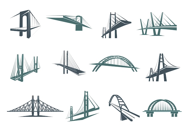 bridge icons vector city constructions of suspension tied arch and cable stayed road bridges with towers stone and metal girders urban architecture bridge building and transportation symbols