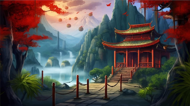 山のゲームの背景にある寺院につながる橋