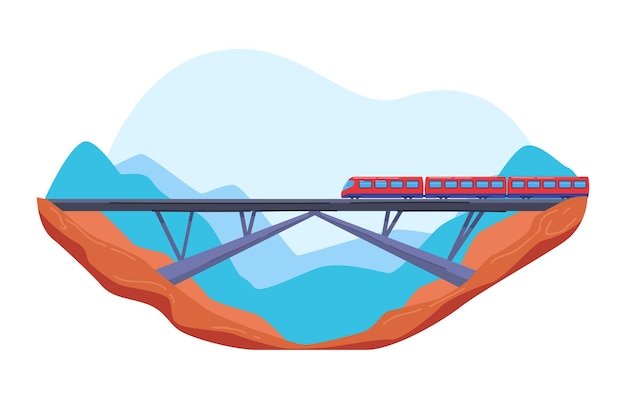 Vector bridge in mountains modern pedestrian suspension bridge over abyss cartoon style vector illustration