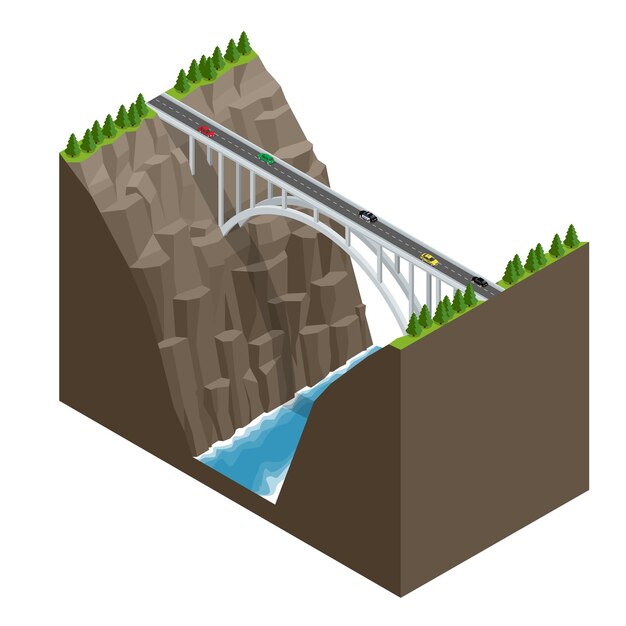 Vettore ponte sul fiume in montagna. illustrazione vettoriale isometrica piatta per la costruzione di ponti