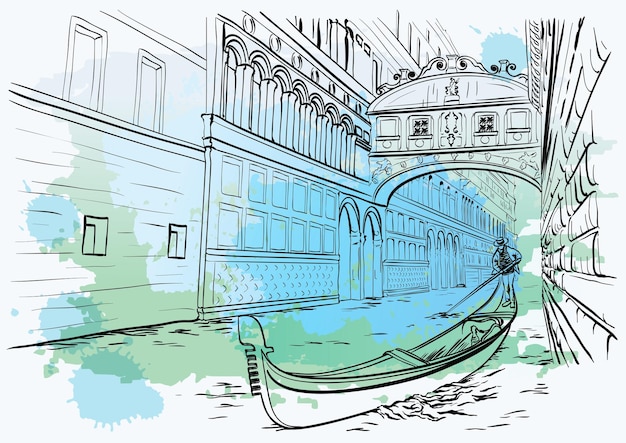 Vettore disegno dell'acquerello di venezia ponte dei sospiri
