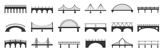 Vector bridge silhouette abstract footbridge constructions with stone metal girders industrial urban architecture building black icons vector isolated set