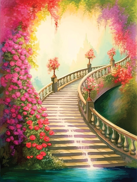 Bridge staircase with flowers watercolor paint