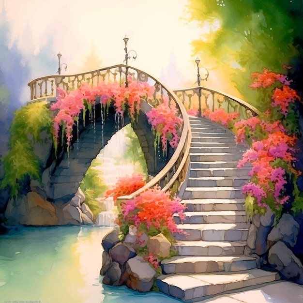 Bridge Staircase with flowers watercolor paint